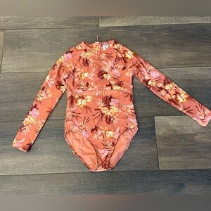 Art Class Girls Orange Tropical Long Sleeve Rash guard Swimsuit UPF 50+ Sz XL 14